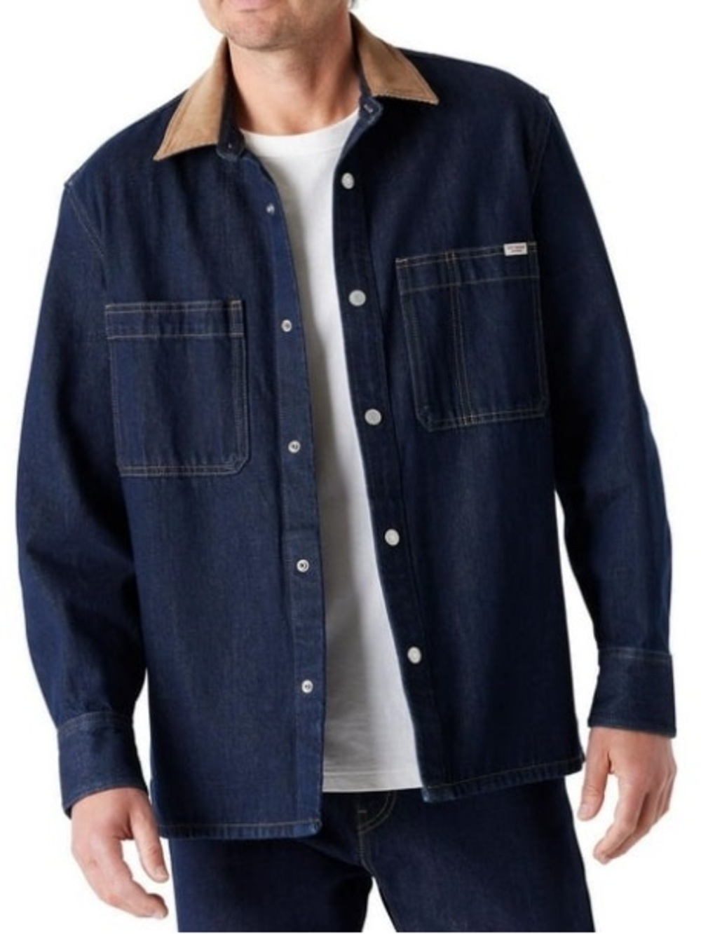 Levi Strauss Dark Blue Denim Shirt Jacket with Tan Corduroy Collar size small